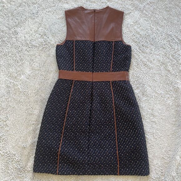 Theory CalvinoDress Sleeveless Mix Media Lamb Leather Tweed Navy Brown Size 10 - Picture 6 of 10